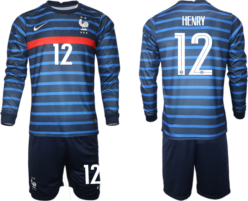 Men 2021 European Cup France home blue Long sleeve #12 Soccer Jersey
